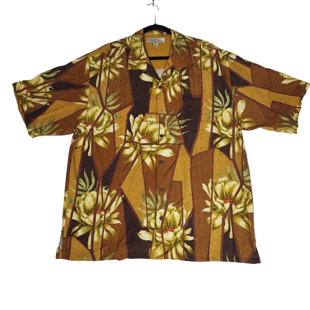 TOMMY BAHAMA Hawaiian Shirt Brown Geometric Floral 100% Silk Mens Size XL